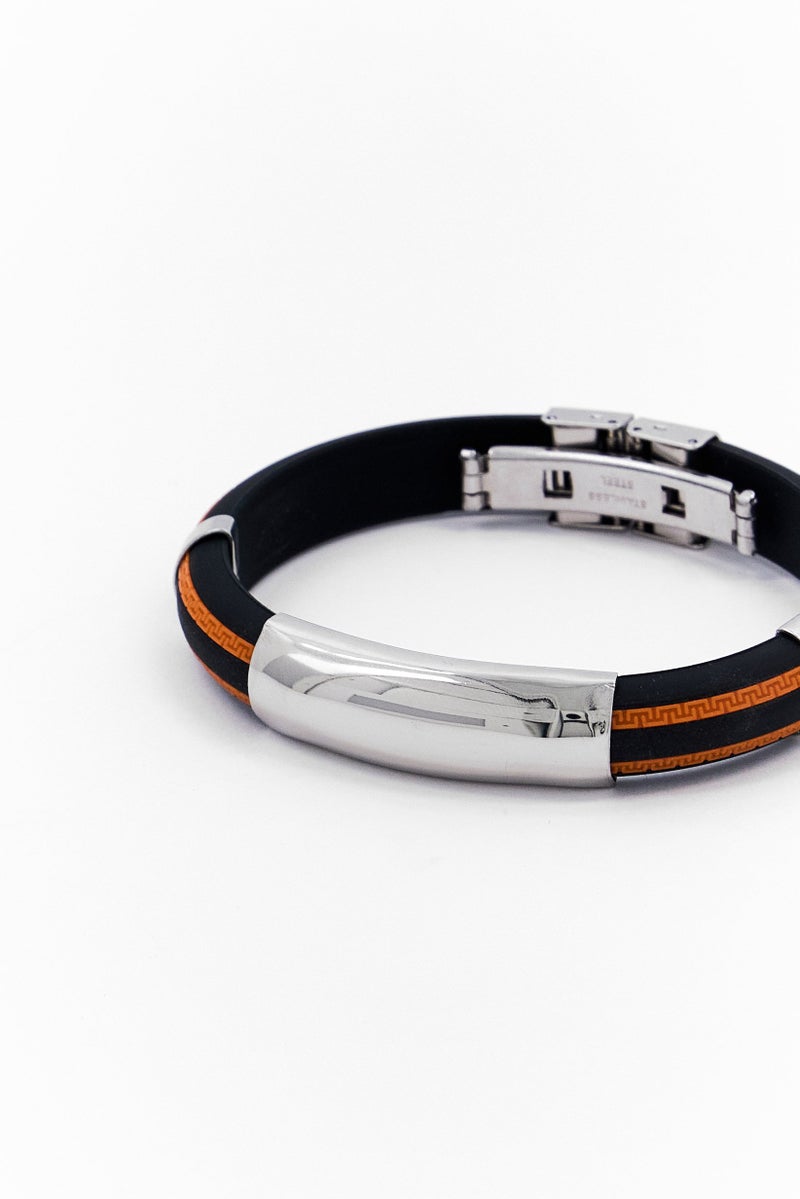 Steeltime Men Stainless Steel Rubber Bracelet With Greek Key Accents, Black - Image 3